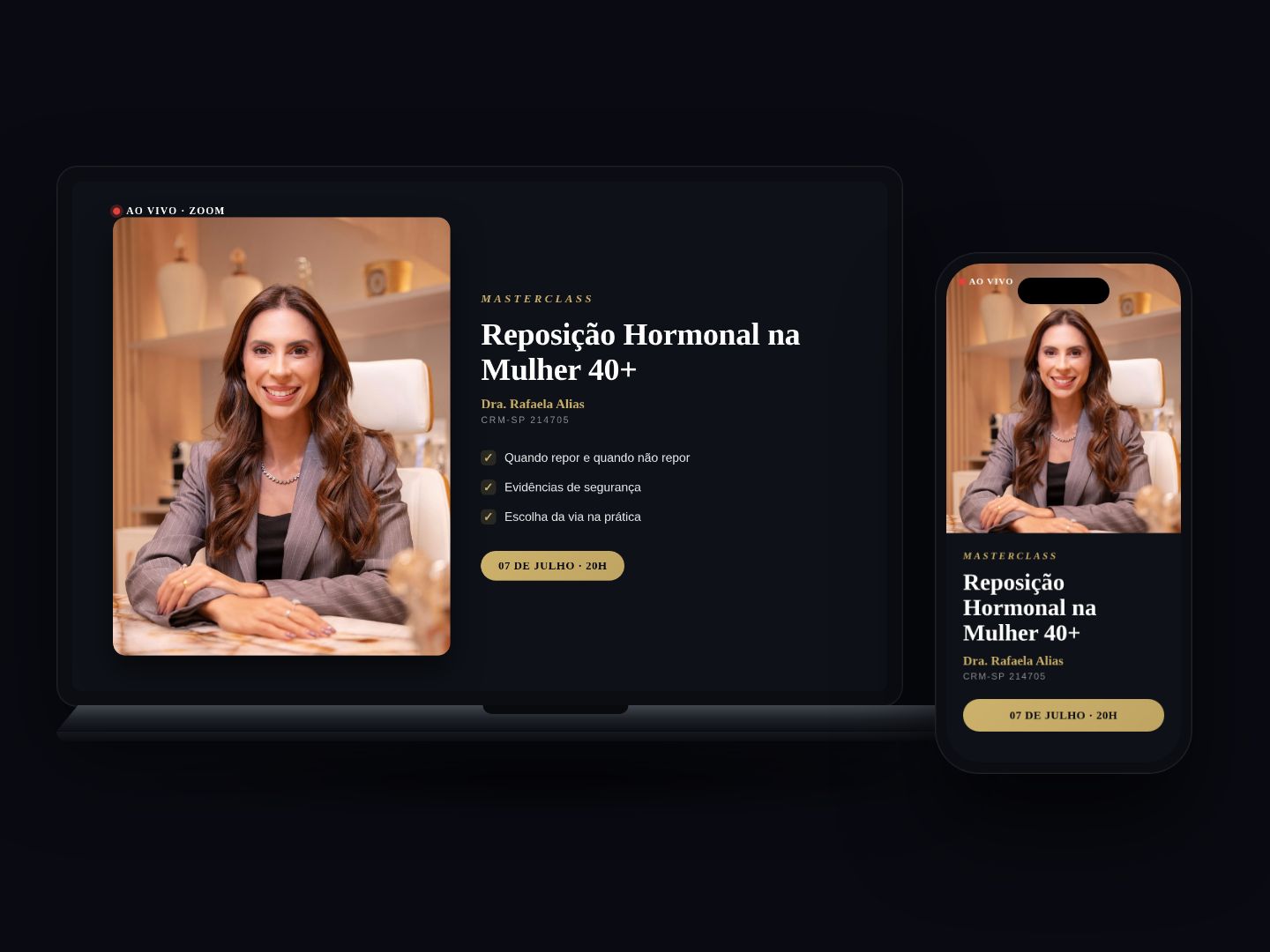 Notebook e celular exibindo a transmissão da Masterclass de Reposição Hormonal na Mulher 40+